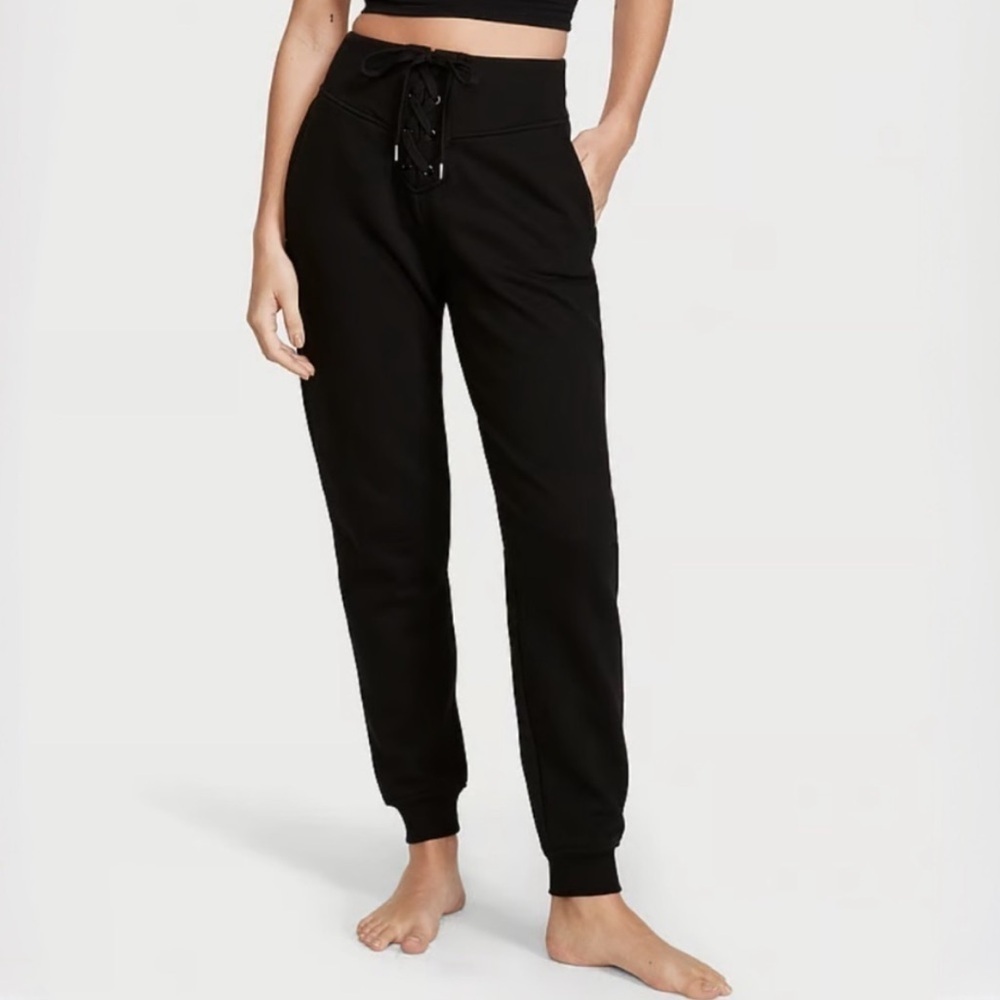 NEW Victoria's Secret Black Lace-Up High-Waist Fleece Lined Joggers